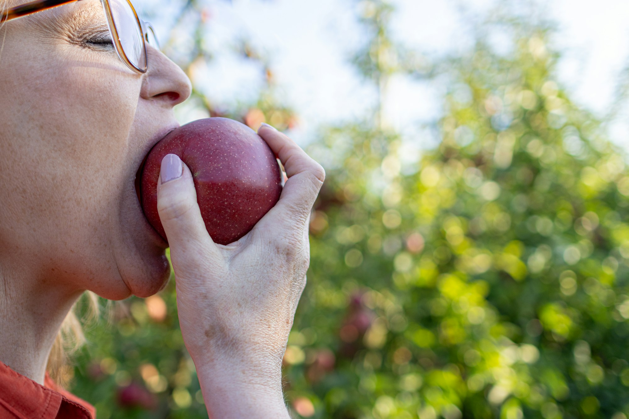 A woman biting into an apple in an orchard